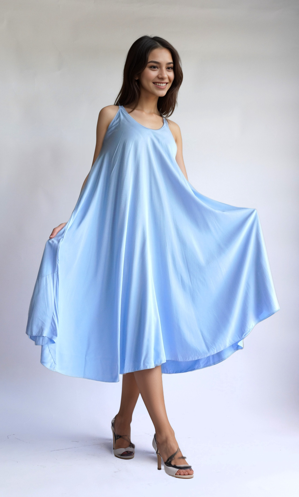 Halo Blue Twist-Knot Swing Midi Dress