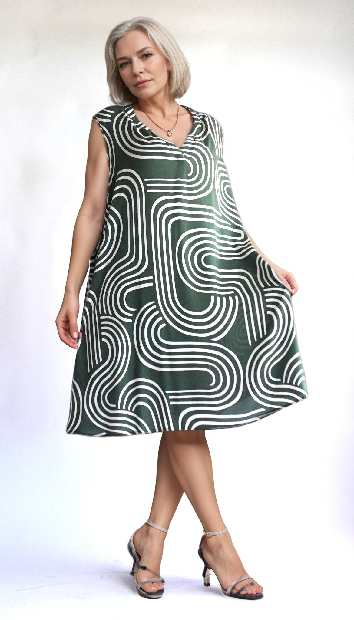 Elmira Green Maze-Print Sleeveless Swing Dress