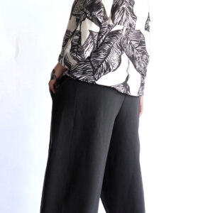 Graphic Leaf-Print Tie-Knot Button-Down Blouse & Luxe Drape Wide-Leg Palazzo Trousers