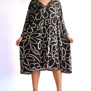 Midnight Bloom V-Neck Swing Dress – Noir & Sand